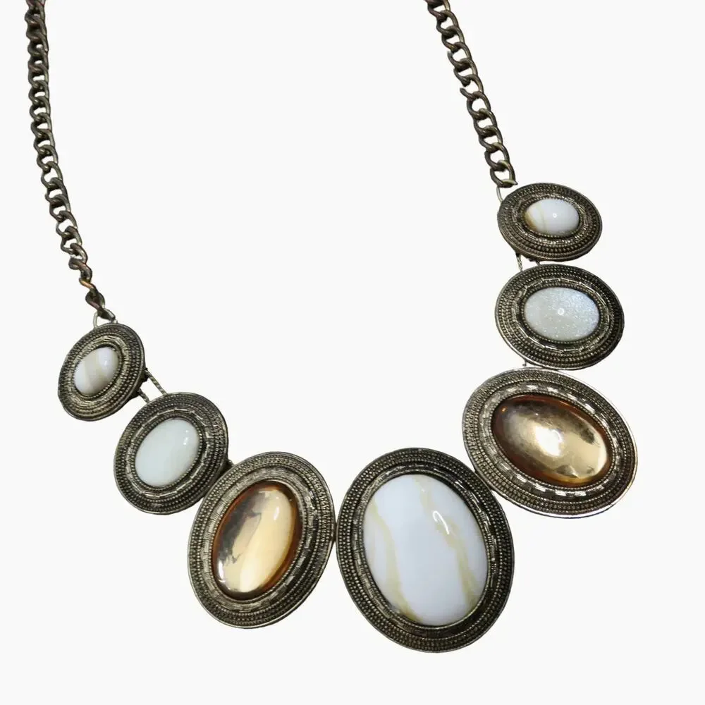 1990s Vintage Chunky Amber Pearly Stone Bib Necklace